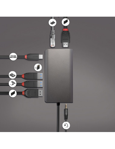 Lindy 43323 replicatore di porte e docking station per laptop Cablato USB 3.2 Gen 1 (3.1 Gen 1) Type-C Nero, Grigio