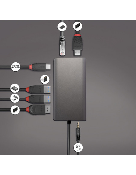 Lindy 43323 replicatore di porte e docking station per laptop Cablato USB 3.2 Gen 1 (3.1 Gen 1) Type-C Nero, Grigio