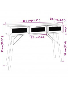 Tavolo Consolle Bianco 105x30x75 Massello Pino Rattan Naturale