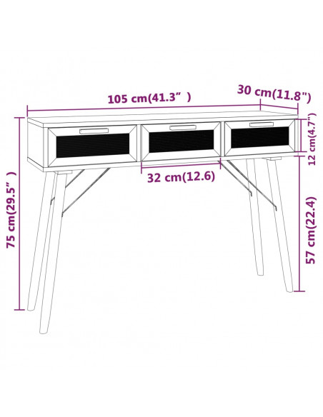 Tavolo Consolle Bianco 105x30x75 Massello Pino Rattan Naturale