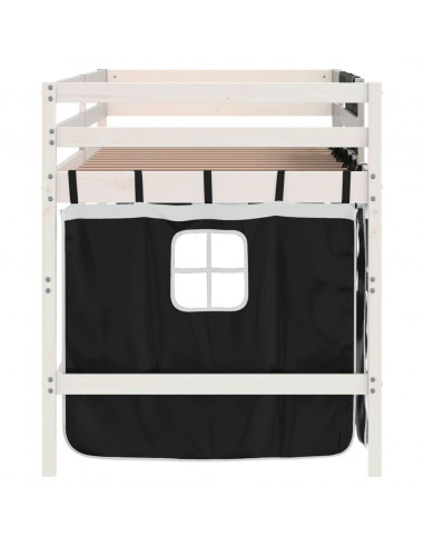 Letto a Soppalco Bambini con Tende Bianco e Nero 90x190 cm Pino