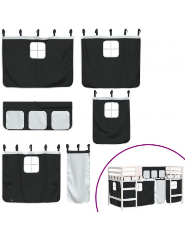 Letto a Soppalco Bambini con Tende Bianco e Nero 90x190 cm Pino