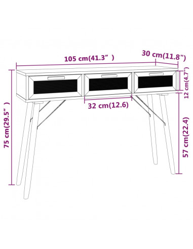 Tavolo Consolle Nero 105x30x75cm Massello Pino Rattan Naturale