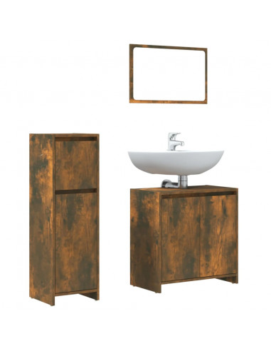 Set Mobili da Bagno 3 pz Rovere Fumo in Legno Multistrato