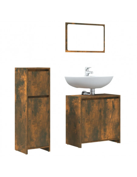 Set Mobili da Bagno 3 pz Rovere Fumo in Legno Multistrato