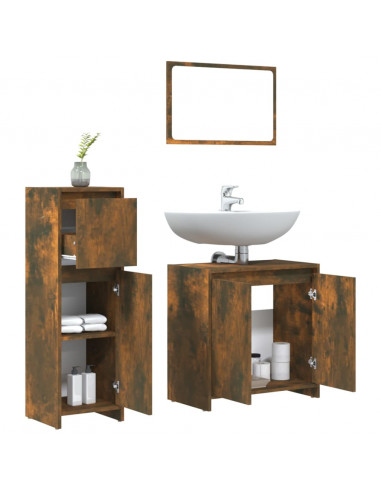 Set Mobili da Bagno 3 pz Rovere Fumo in Legno Multistrato