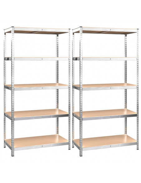 Scaffali Resistenti 5 Strati 2 pz Argento Acciaio e Multistrato
