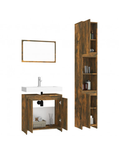 Set Mobili da Bagno 3 pz Rovere Fumo in Legno Multistrato