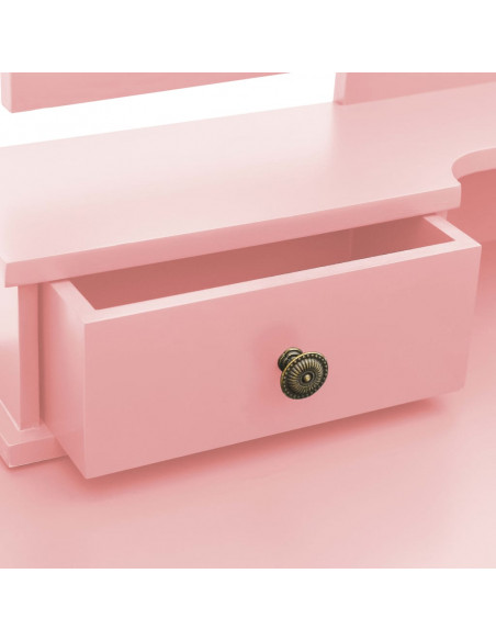 Tavolo da Trucco e Sgabello Rosa 100x40x146cm Legno Paulownia