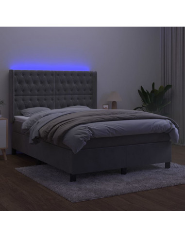 Letto a Molle Materasso e LED Grigio Chiaro 140x190 cm Velluto