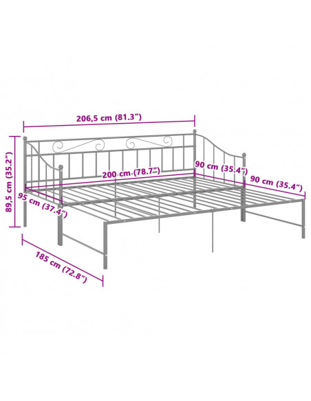 Telaio Divano Letto Estraibile Grigio in Metallo 90x200 cm