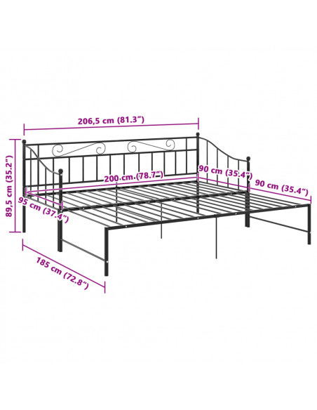 Telaio Divano Letto Estraibile Nero in Metallo 90x200 cm