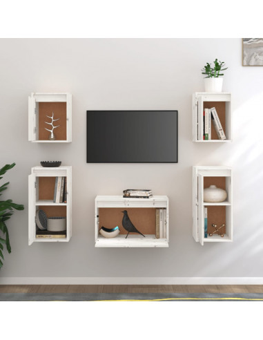 Mobili Porta TV 5 pz Bianchi in Legno Massello di Pino