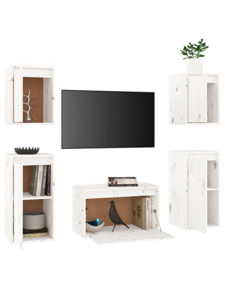 Mobili Porta TV 5 pz Bianchi in Legno Massello di Pino