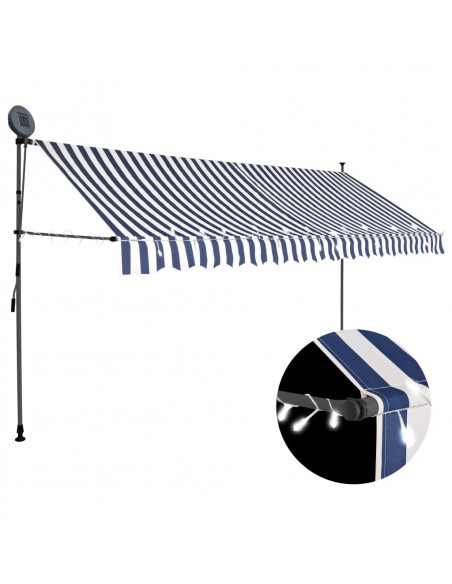 Tenda da Sole Retrattile Manuale con LED 400 cm Blu e Bianca