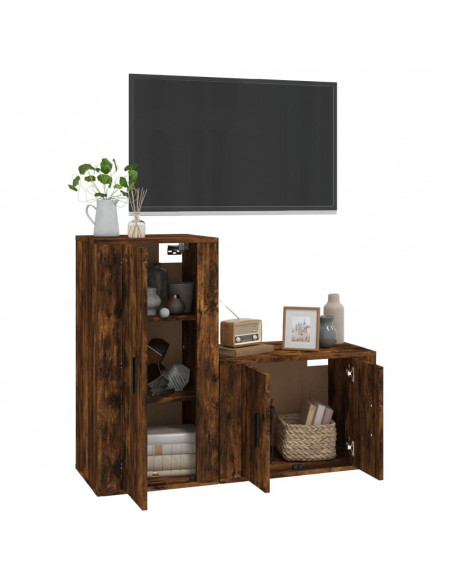Set Mobili Porta TV 2 pz Rovere Fumo in Legno Multistrato