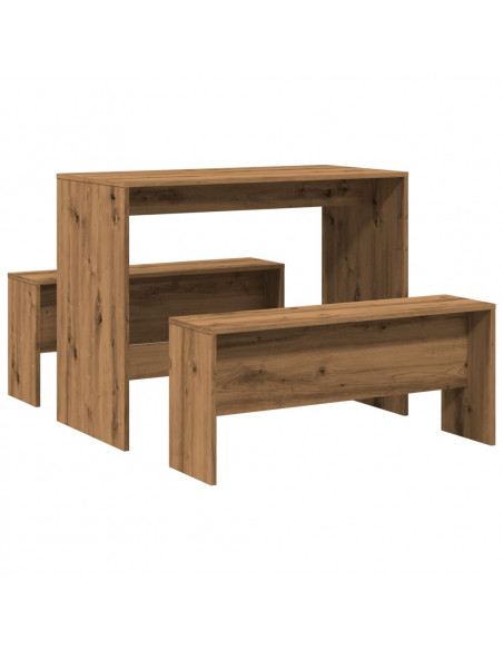 Set Tavolo da Pranzo e Panche 3pz Rovere Artigianale Truciolato