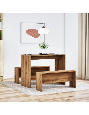 Set Tavolo da Pranzo e Panche 3pz Rovere Artigianale Truciolato