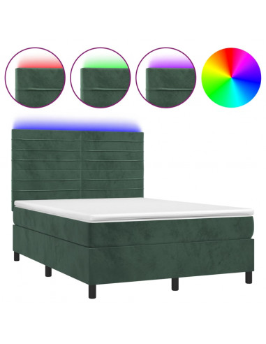 Letto a Molle con Materasso e LED Verde Scuro 140x190cm Velluto