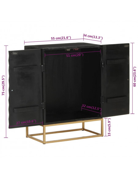Credenza Nera 55x34x75 cm in Legno Massello di Mango e Ferro