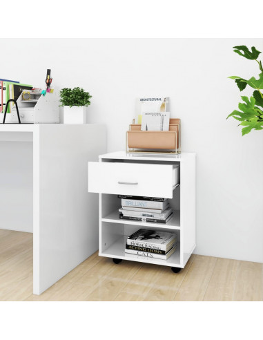 Mobiletto con Ruote Bianco Lucido 46x36x59 cm Legno Multistrato