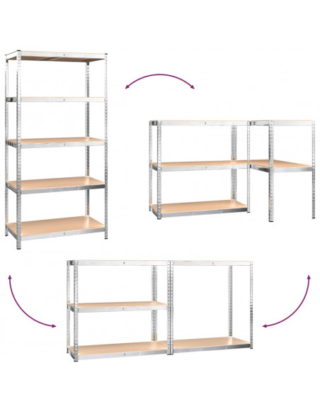 Scaffali Resistenti 5 Ripiani 3pz Argento Acciaio e Multistrato