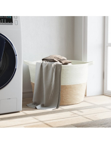 Cesto per Biancheria Beige e Bianco Ø60x36 cm in Cotone