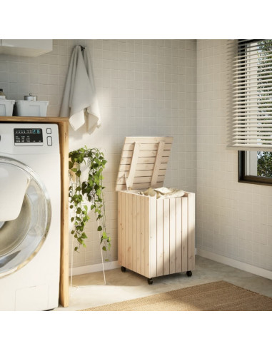 Cesta Biancheria con Ruote RANA 45x45x64 cm Legno Massello Pino