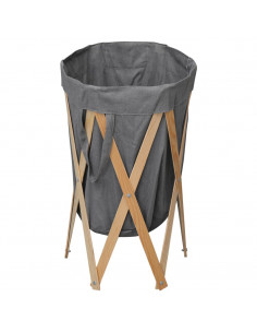 Cesto della Biancheria Pieghevole Grigio Legno e Tessuto 2