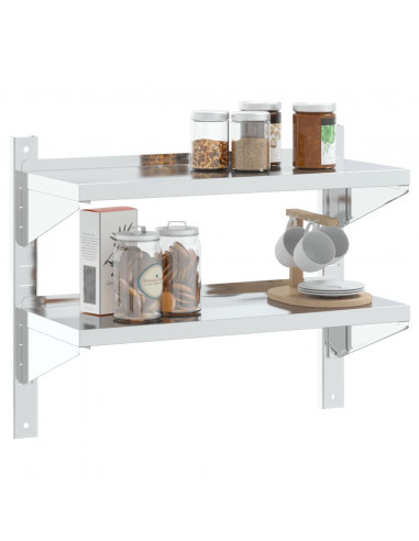 Mensola Muro 2 Ripiani 75x30x60cm Argento Acciaio Inossidabile
