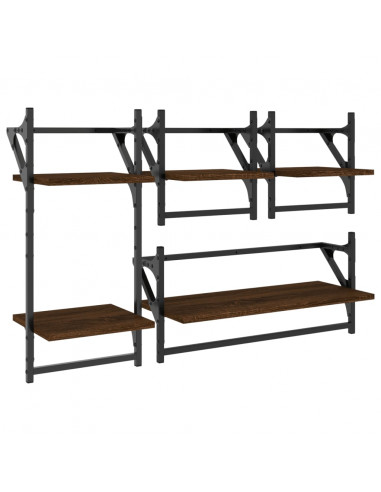 Set Mensole Parete con Aste 4pz Rovere Marrone in Multistrato