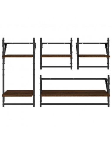 Set Mensole Parete con Aste 4pz Rovere Marrone in Multistrato