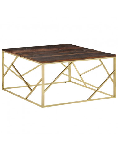 Tavolino Dorato in Acciaio Inox e Traverse in Legno Massello