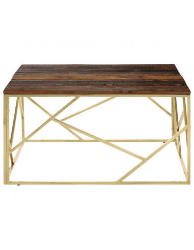 Tavolino Dorato in Acciaio Inox e Traverse in Legno Massello