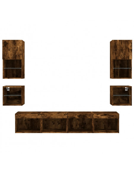 Mobili TV a Muro con LED 8pz Rovere Fumo in Legno Multistrato