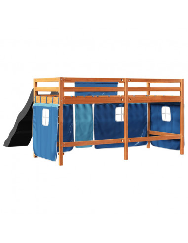 Letto a Soppalco con Tende Bambini Blu 80x200 cm Massello Pino
