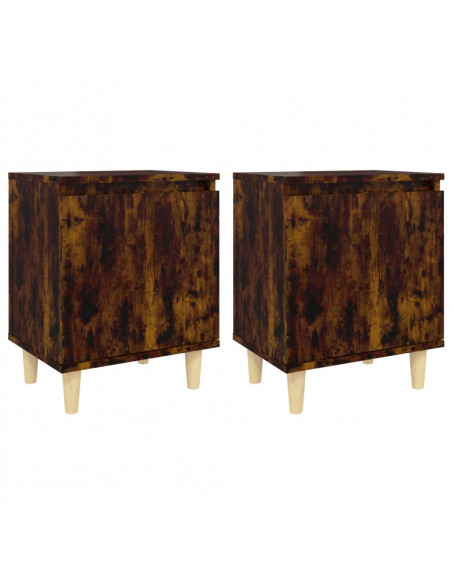 Comodini con Gambe in Legno Massello 2pz Rovere Fumo 40x30x50cm