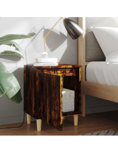 Comodini con Gambe in Legno Massello 2pz Rovere Fumo 40x30x50cm