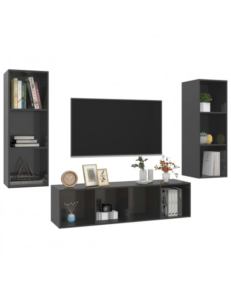 Set Mobile TV 3 pz Grigio Lucido in Truciolato