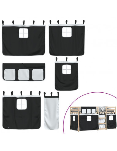 Letto a Castello con Tende Bianco e Nero 90x190cm Massello Pino