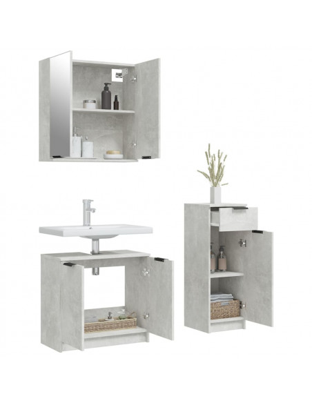 Set di Mobili da Bagno 3 pz Grigio Cemento in Legno Multistrato