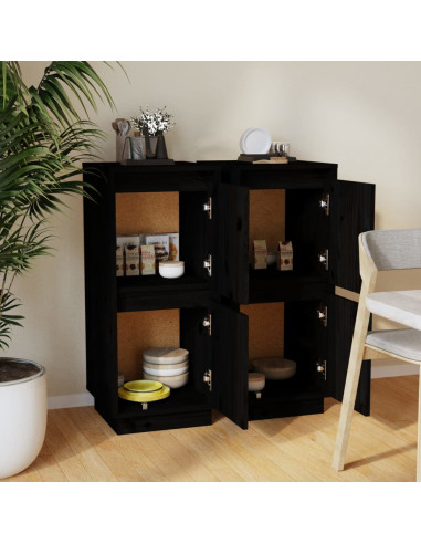 Credenze 2 pz Nero 31,5x34x75 cm in Legno Massello di Pino