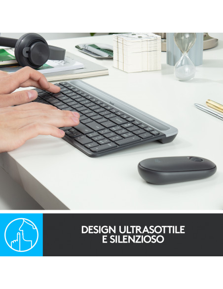 Logitech MK470 Kit Mouse e Tastiera Wireless per Windows, Ricevitore USB 2.4 GHz, ‎Sottile, Compatto, Silenzioso, Batteria Lun