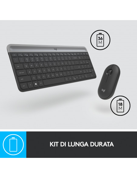 Logitech MK470 Kit Mouse e Tastiera Wireless per Windows, Ricevitore USB 2.4 GHz, ‎Sottile, Compatto, Silenzioso, Batteria Lun