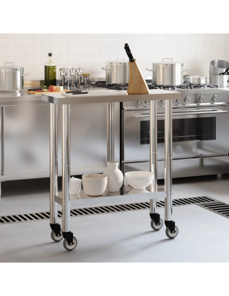 Tavolo da Lavoro Cucina con Ruote 82,5x30x85 cm in Acciaio Inox
