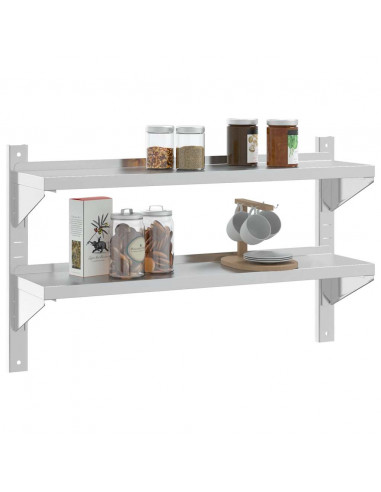 Mensola a Muro 2 Ripiani 100x23,5x60cm Argento in Acciaio Inox