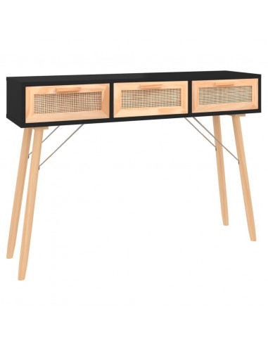 Tavolo Consolle Nero 105x30x75cm Massello Pino Rattan Naturale