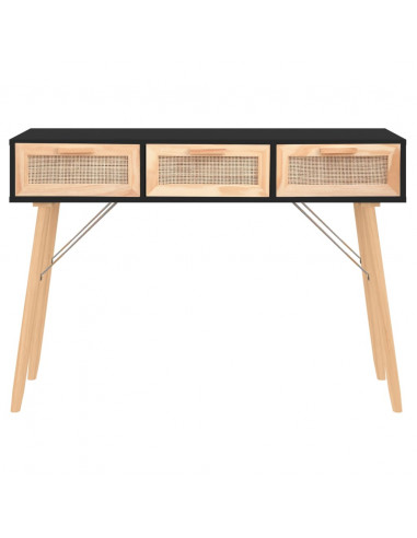 Tavolo Consolle Nero 105x30x75cm Massello Pino Rattan Naturale