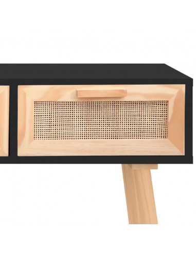 Tavolo Consolle Nero 105x30x75cm Massello Pino Rattan Naturale
