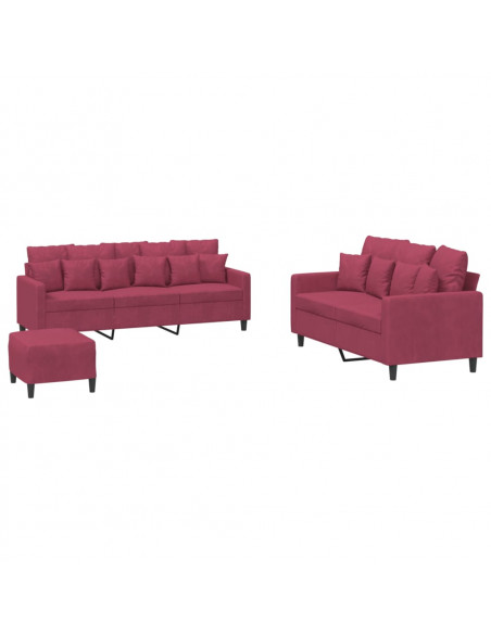 Set di Divani 3 pz con Cuscini Rosso Vino in Velluto